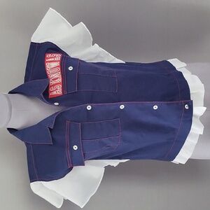 Navy Blue & White Ruffled Sleeve Button-Up Shirt with 'AS KNOW AS' Patch"